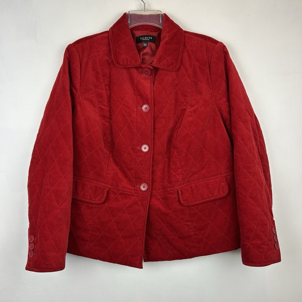 Talbots Jacket Woman 14 P Red Velvet Button Mature Colorful Office Old Money